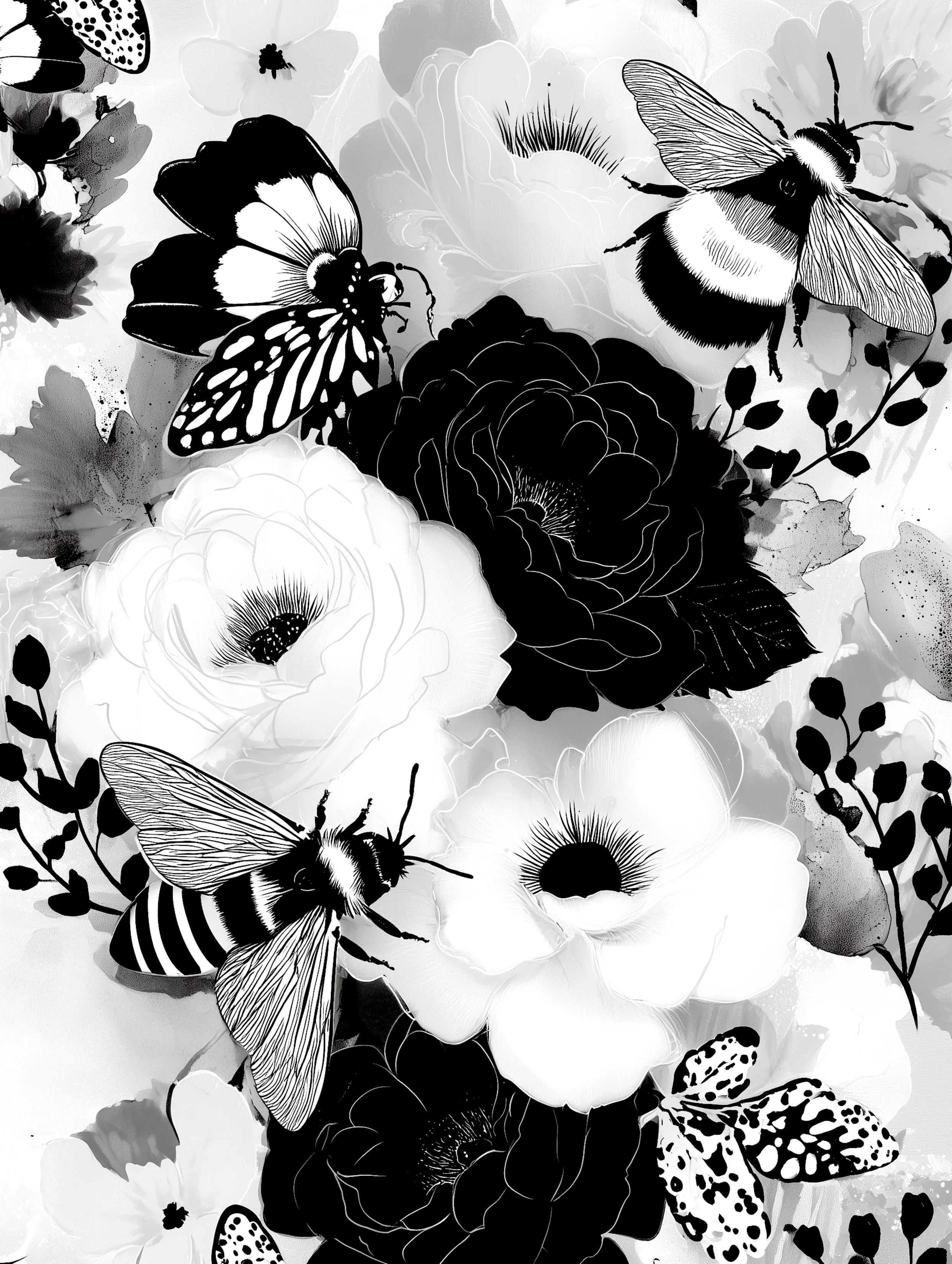 Free printable bee coloring page for adults featuring big flowers with bees